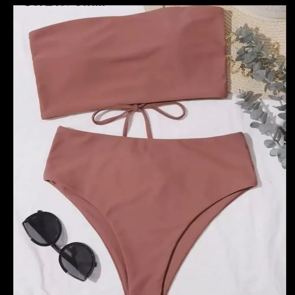 Summer Beach Solid Bikini Set Lace Up Back Tube Bra & High Waisted Bikini - Picture 3 of 3